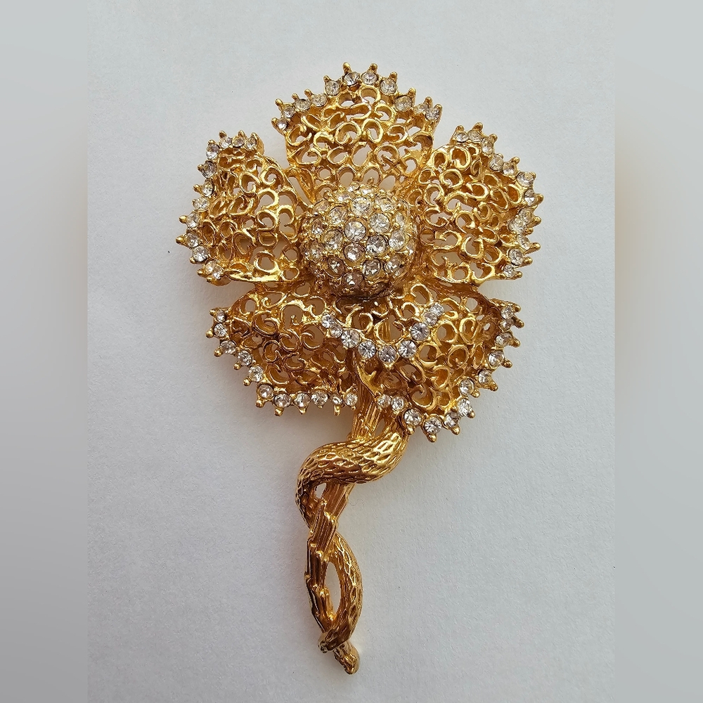 Vintage Serpent & Flower Statement Brooch Gold-Tone & Pavé Crystal